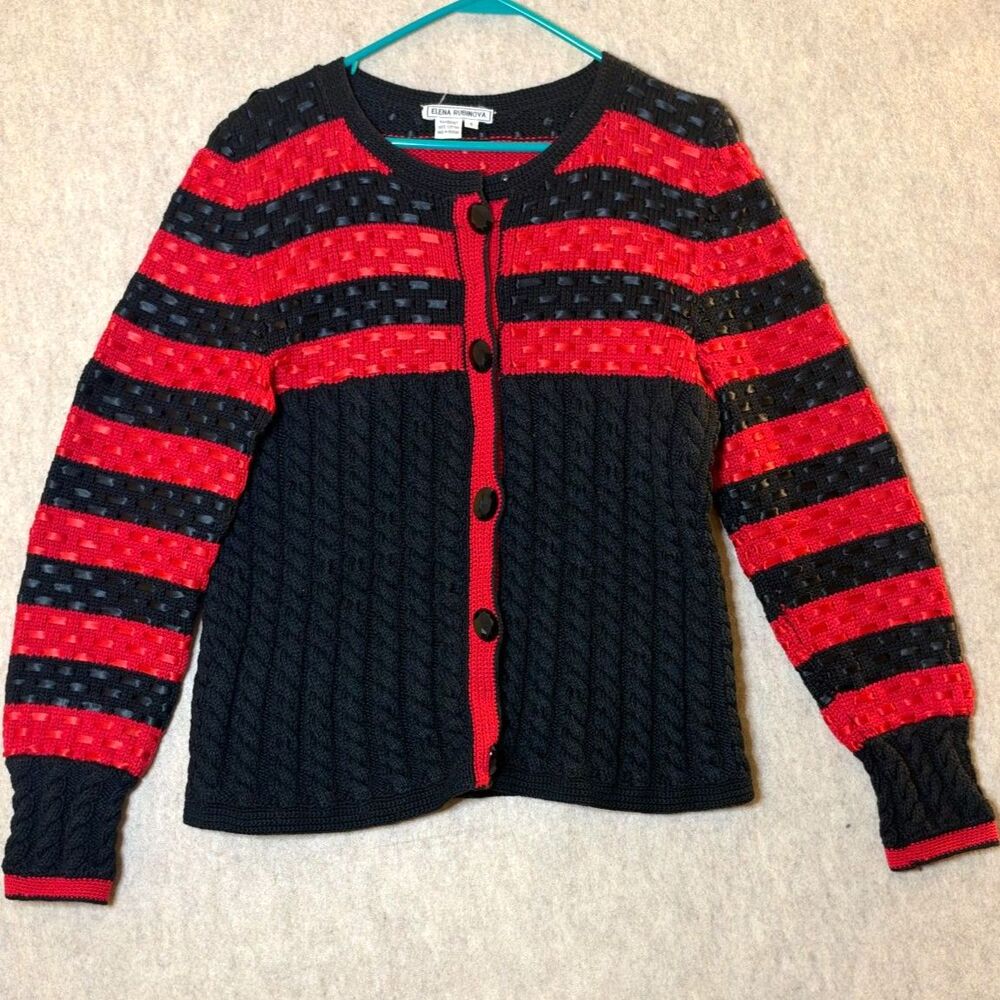 Elena Rubinova Hand Knit Cardigan Women’s Size 1 Black Red Ribbon Knit Sweater